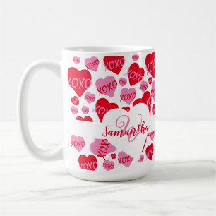 XOXO Heart Pink Red Pattern Monogram White Coffee Mug
