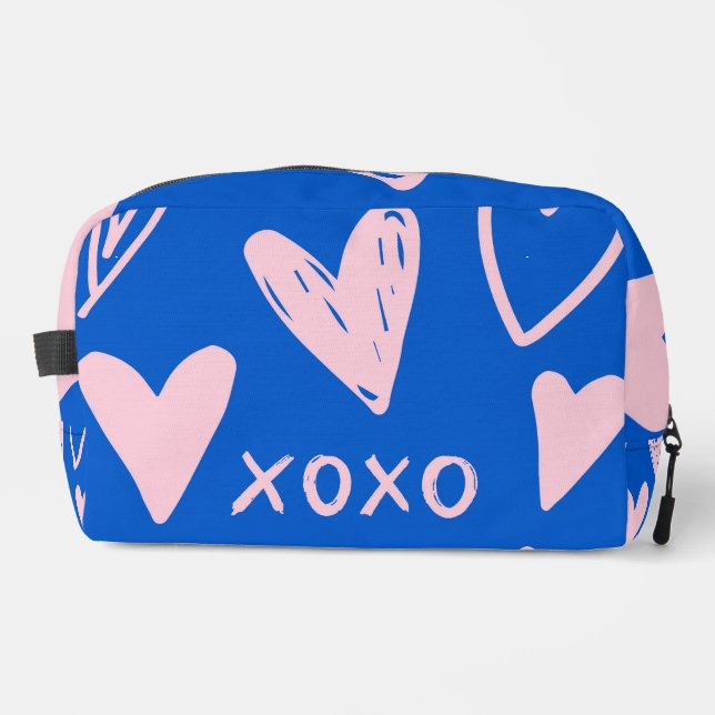 XOXO Hearts Makeup Bag – Cute Blue & Pink Pouch (Front)