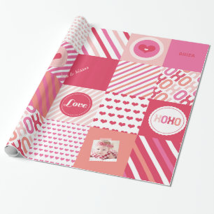 XOXO Hot Pink Valentine Patchwork Sweet Love Photo Wrapping Paper