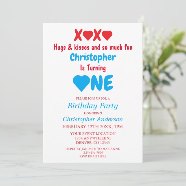XOXO Hugs and Kisses 1st Birthday Invitation (Standing Front)