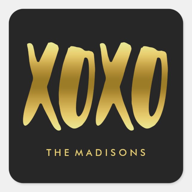 XOXO Hugs and Kisses Faux Gold Typography Black Square Sticker (Front)