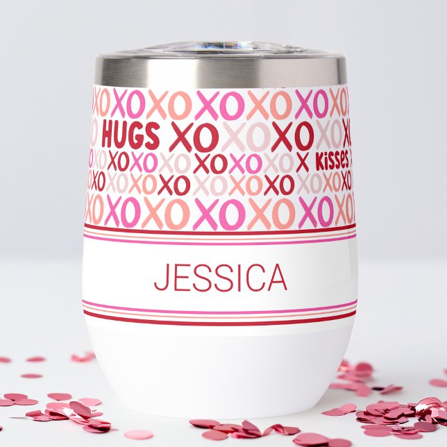 XOXO Hugs and Kisses Galentine Pink and Red Bestie (XOXO Hugs and Kisses Galentine Pink and Red Bestie Thermal Wine Tumbler)