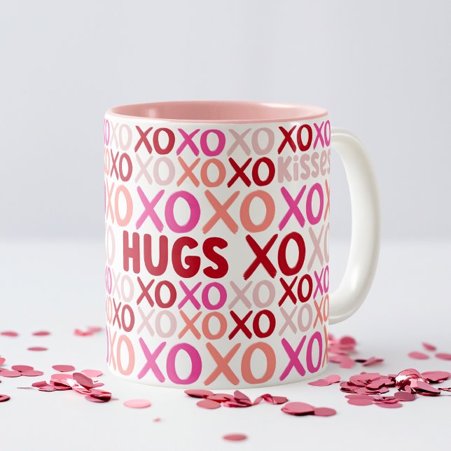 XOXO Hugs and Kisses Pink and Red Cute Galentine Two-Tone Coffee Mug (XOXO Hugs and Kisses Pink and Red Cute Galentine Two-Tone Coffee Mug)