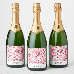 XOXO Hugs and Kisses Pink Red Galentines Day Party Sparkling Wine Label