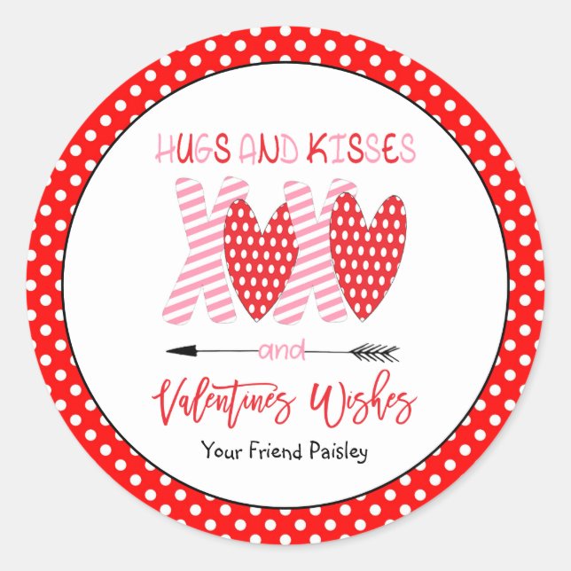XOXO Hugs and Kisses Valentines Day Classic Round Sticker (Front)