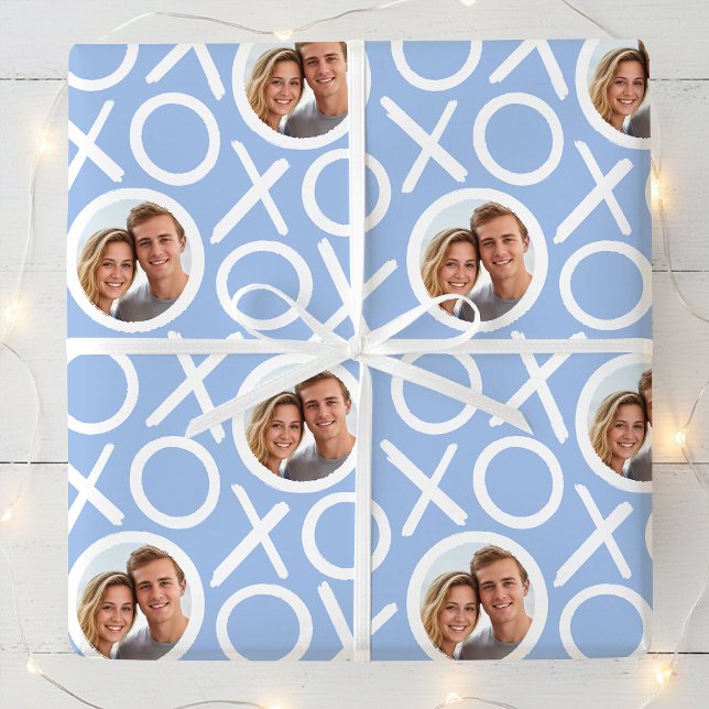 XOXO Hugs & Kisses 2 Photo Blue Brush Script Wrapping Paper (Creator Uploaded)