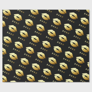 XOXO Hugs Kisses Love with Fashionable Golden Lips Wrapping Paper