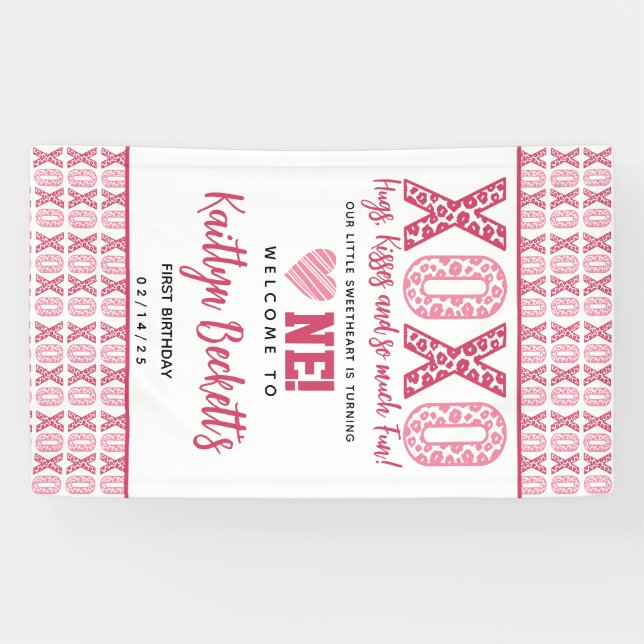XOXO Hugs & Kisses Valentine's Day 1st Birthday Banner (Horizontal)