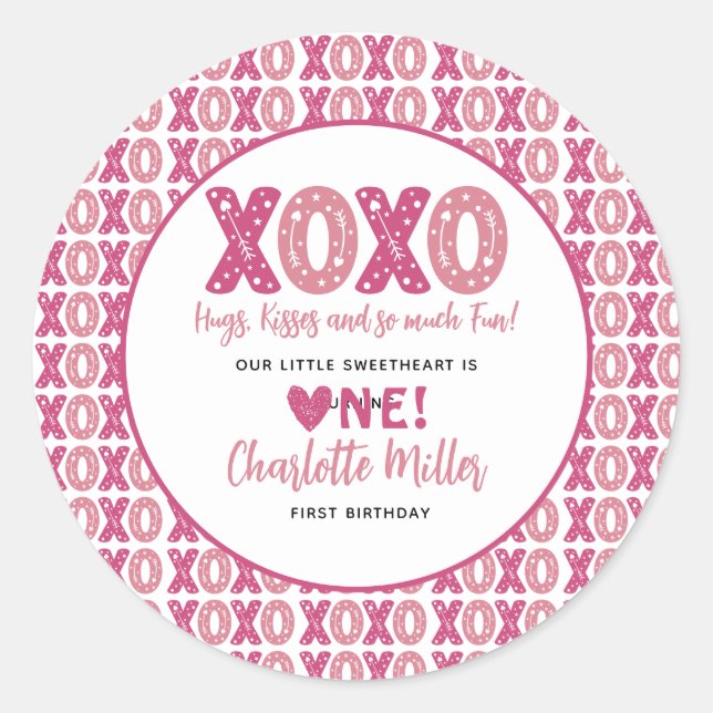 XOXO Hugs & Kisses Valentine's Day 1st Birthday Classic Round Sticker (Front)