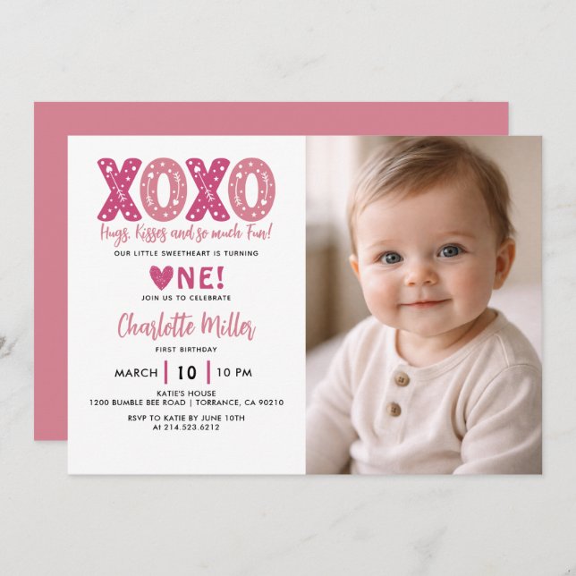  XOXO Hugs & Kisses Valentine's Day 1st Birthday Invitation (Front/Back)