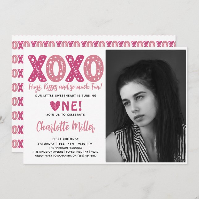 XOXO Hugs & Kisses Valentine's Day 1st Birthday Invitation (Front/Back)