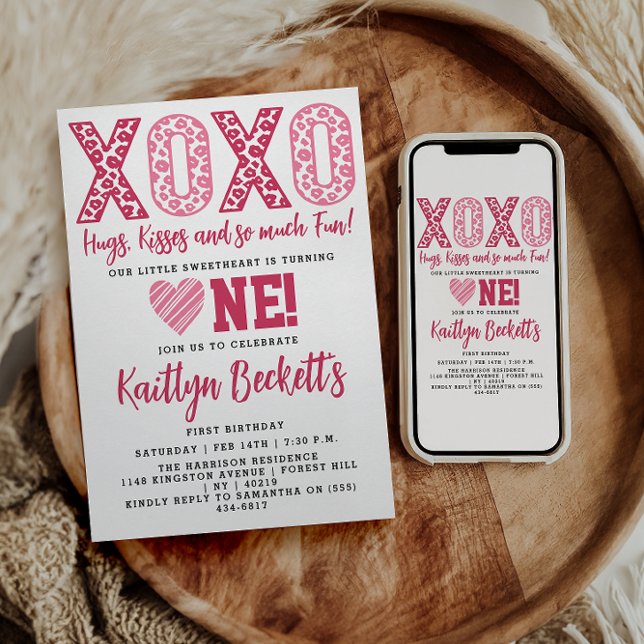 XOXO Hugs & Kisses Valentine's Day 1st Birthday Invitation (Creator Uploaded)