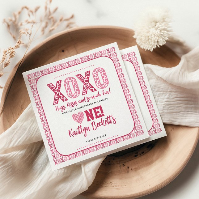 XOXO Hugs & Kisses Valentine's Day 1st Birthday Napkin (Creator Uploaded)