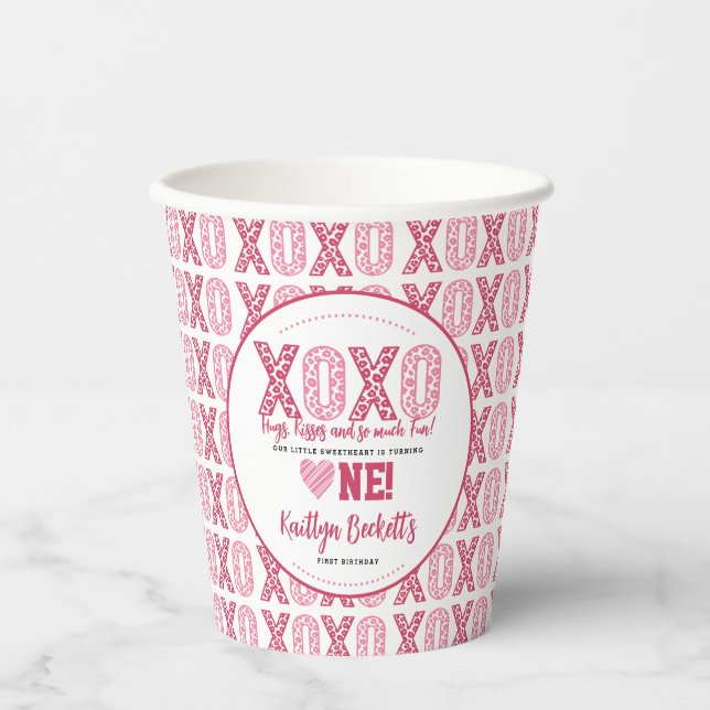 XOXO Hugs & Kisses Valentine's Day 1st Birthday Paper Cups (Front)