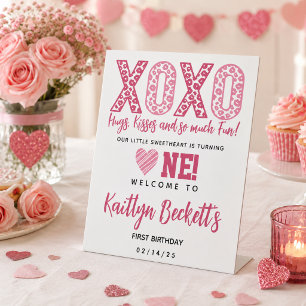 XOXO Hugs & Kisses Valentine's Day 1st Birthday Pedestal Sign