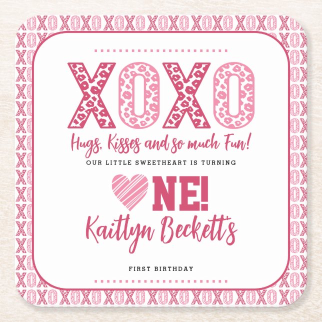 XOXO Hugs & Kisses Valentine's Day 1st Birthday Square Paper Coaster (Front)
