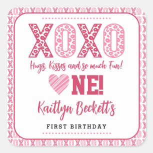 XOXO Hugs & Kisses Valentine's Day 1st Birthday Square Sticker