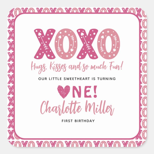 XOXO Hugs & Kisses Valentine's Day 1st Birthday Square Sticker (Front)