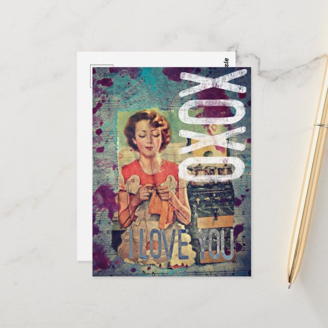 XOXO I Love You Retro Mixed Media Collage Postcard (Front/Back In Situ)
