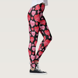 XOXO Love Pink Red Heart Pattern Valentine Black Leggings