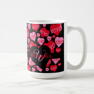 XOXO Monogram Heart Pink Red Pattern Black Coffee Mug