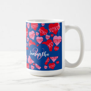 XOXO Monogram Heart Pink Red Pattern Blue Coffee Mug