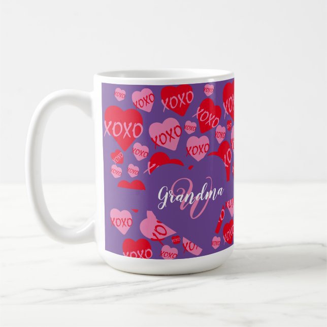 XOXO Monogram Purple Pink Red Heart Hugs Kisses Coffee Mug (Left)