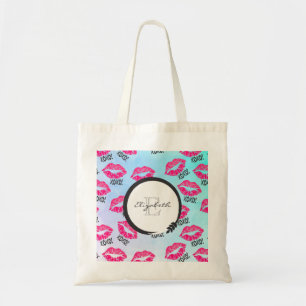 XOXO Pattern with Pink Kissy Lips with Monogram Tote Bag