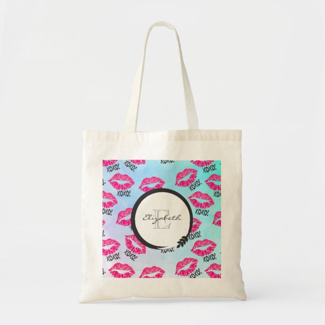 XOXO Pattern with Pink Kissy Lips with Monogram Tote Bag (Front)