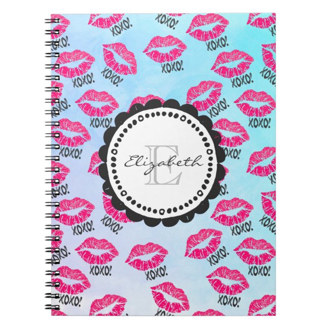XOXO Pattern with Stylish Pink Kissy Lips Monogram Notebook (Front)