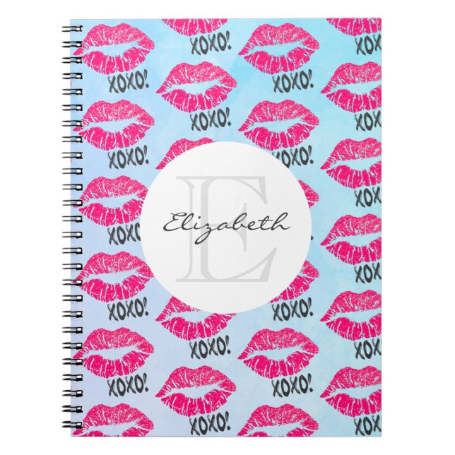 XOXO Pattern with Stylish Pink Kissy Lips Monogram Notebook (Front)