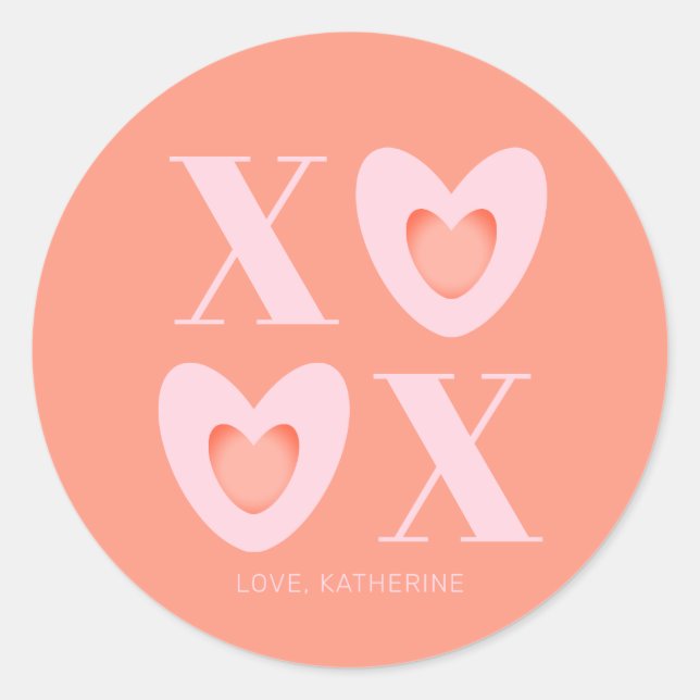 XOXO peach and pink hearts typography modern cute Classic Round Sticker (Front)