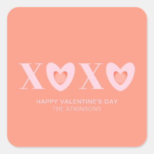 XOXO pink and peach hearts typography modern cute Square Sticker