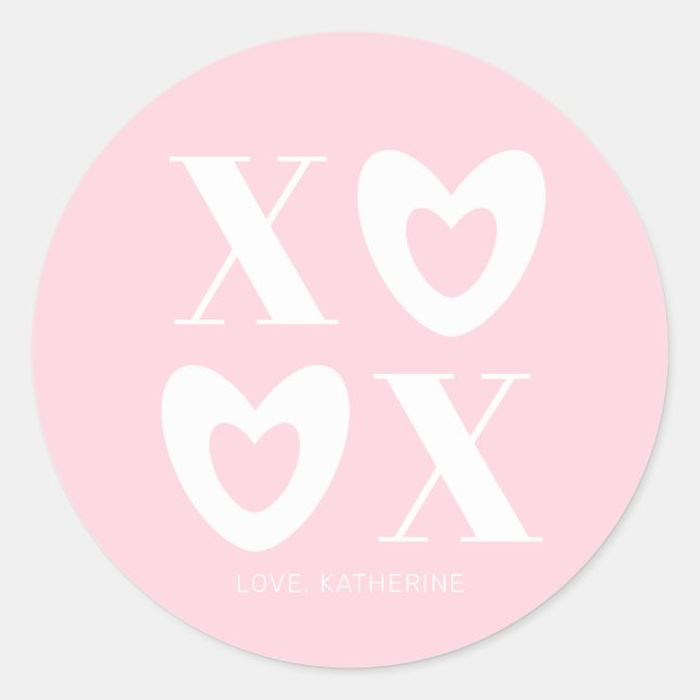 XOXO pink and white hearts typography girly cute Classic Round Sticker (Front)