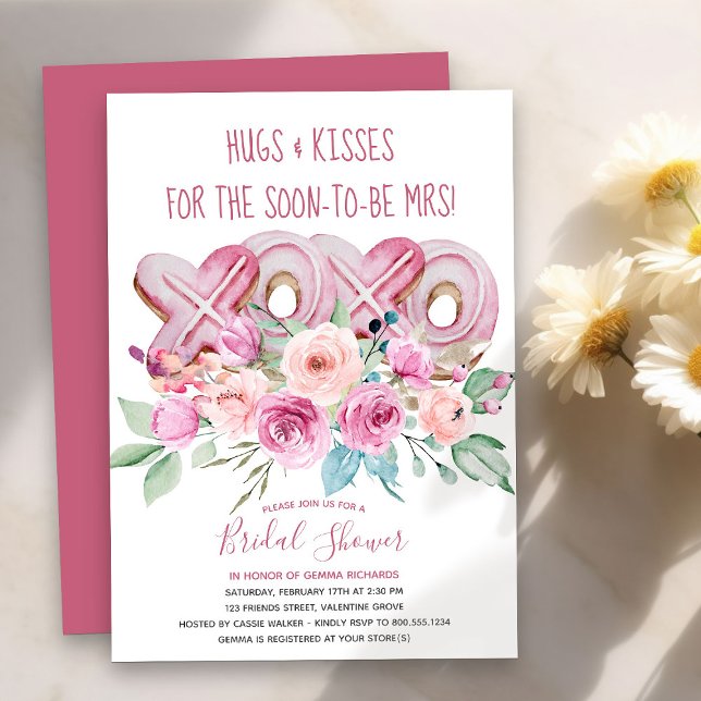 XOXO Pink Cookies Pretty Floral Bridal Shower Invitation (Soon to be Mrs XOXO Bridal Shower Invitation - order printed or as printable instant download)