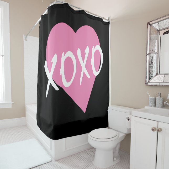 XOXO Pink Heart Black Hugs Kisses Shower Curtain (In Situ)