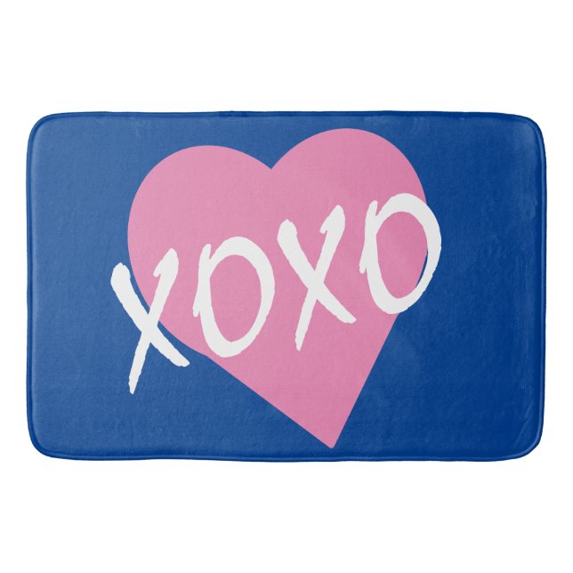 XOXO Pink Heart Hugs Kisses Blue Bath Mat (Front)
