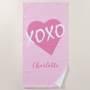 XOXO Pink Heart Hugs Kisses Pink Beach Towel