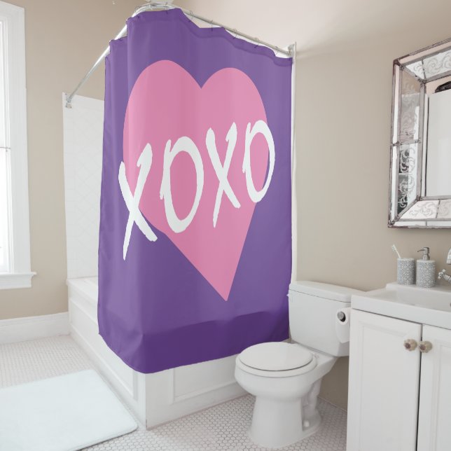 XOXO Pink Heart Hugs Kisses Purple Shower Curtain (In Situ)