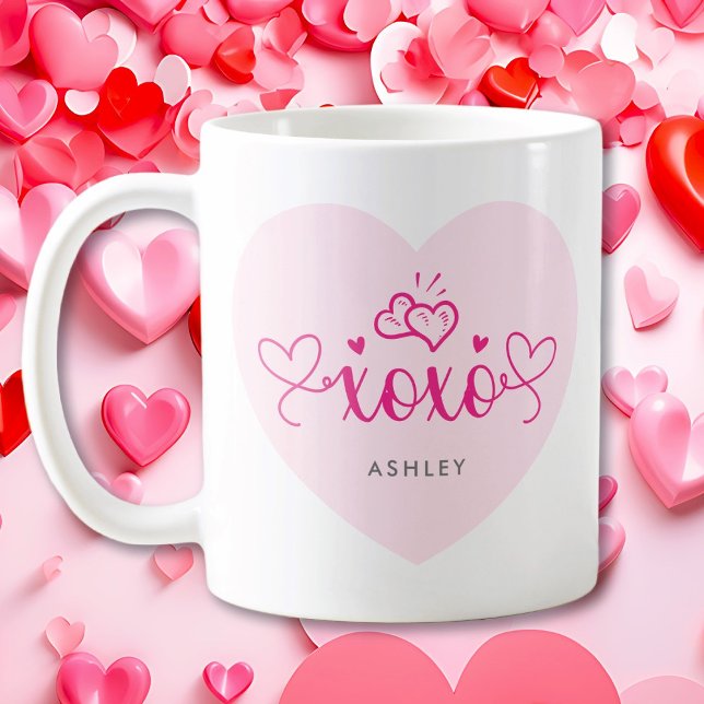 XOXO Pink Hearts Custom Name Valentines Day Gift Coffee Mug (Creator Uploaded)