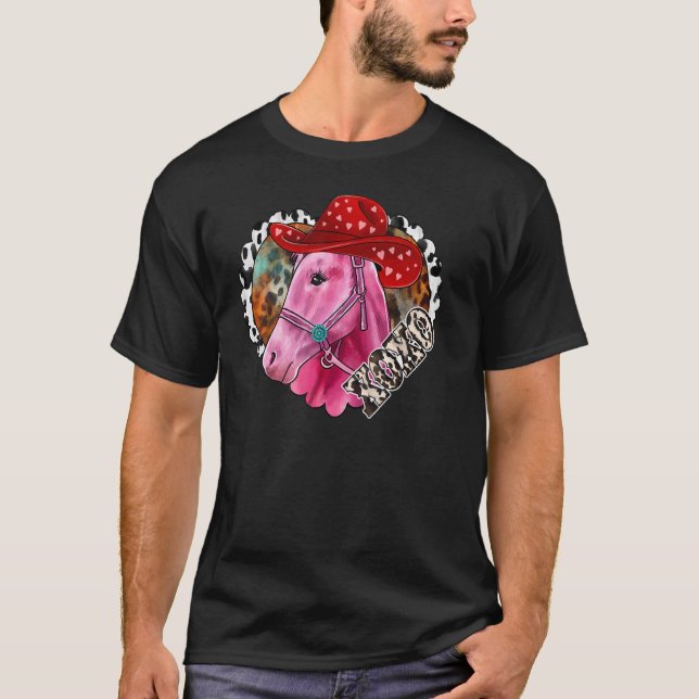 Xoxo Pink Horse Heart Horse Leopard Western Valent T-Shirt (Front)