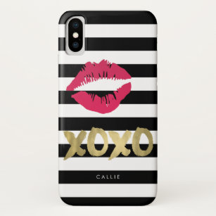 XOXO Pink Lip Print Black & White Stripe Case-Mate iPhone Case