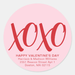 XOXO pink red cute modern valentine's Day address Classic Round Sticker