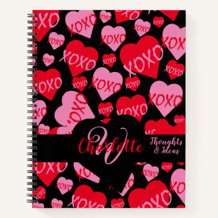 XOXO Pink Red Heart Pattern Monogram Love Black Notebook