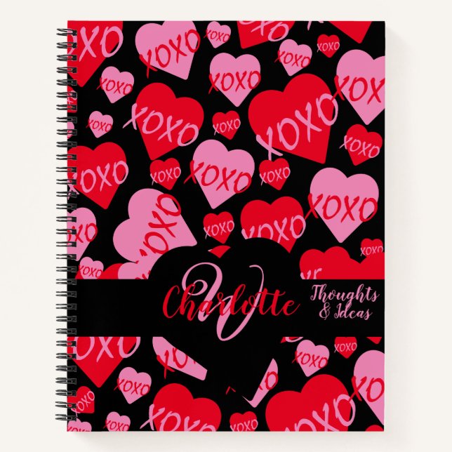XOXO Pink Red Heart Pattern Monogram Love Black Notebook (Front)
