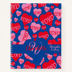 XOXO Pink Red Heart Pattern Monogram Love Blue Notebook