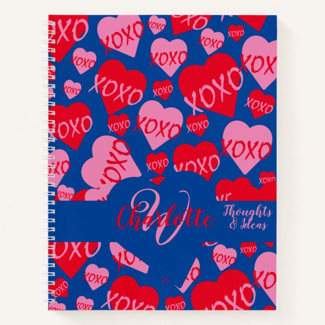 XOXO Pink Red Heart Pattern Monogram Love Blue Notebook (Front)
