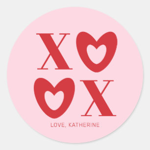 XOXO pink red hearts typography girly cute custom Classic Round Sticker