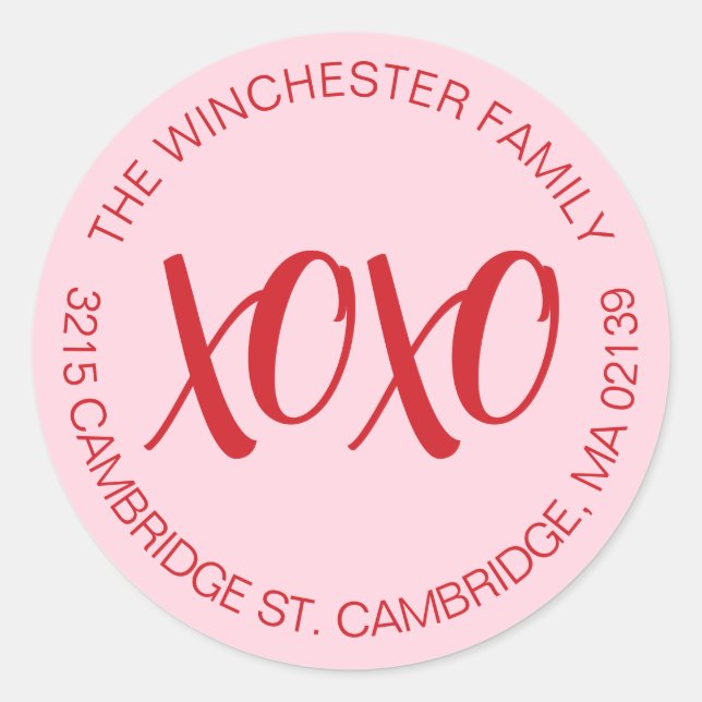 XOXO pink red Valentine's Day address  Classic Round Sticker (Front)