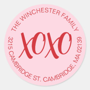 XOXO pink red Valentine's Day address Classic Round Sticker